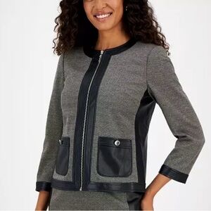 Kasper Women's Faux-Leather-Trim Herringbone Jacket Black/Toffee Size 6